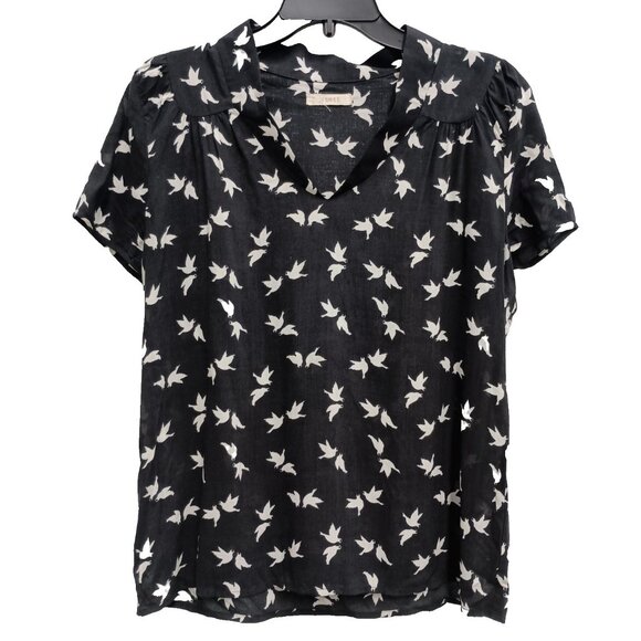 Tulle Womens Blouse Top Large Black White Bird Print Short Sleeve V Neck Preppy - Picture 1 of 8